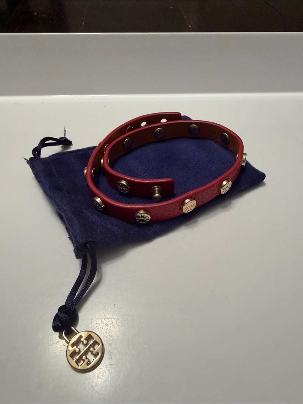Tory Burch Red Leather Double-Wrap Bracelet with Gold Logo Studs